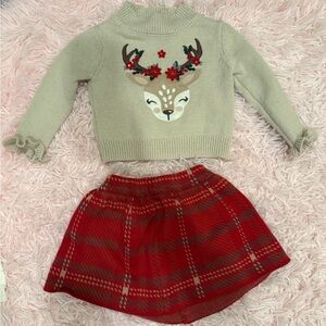 NWOT 12 months Adorable Reindeer Sweater and Red Plaid Skirt Set